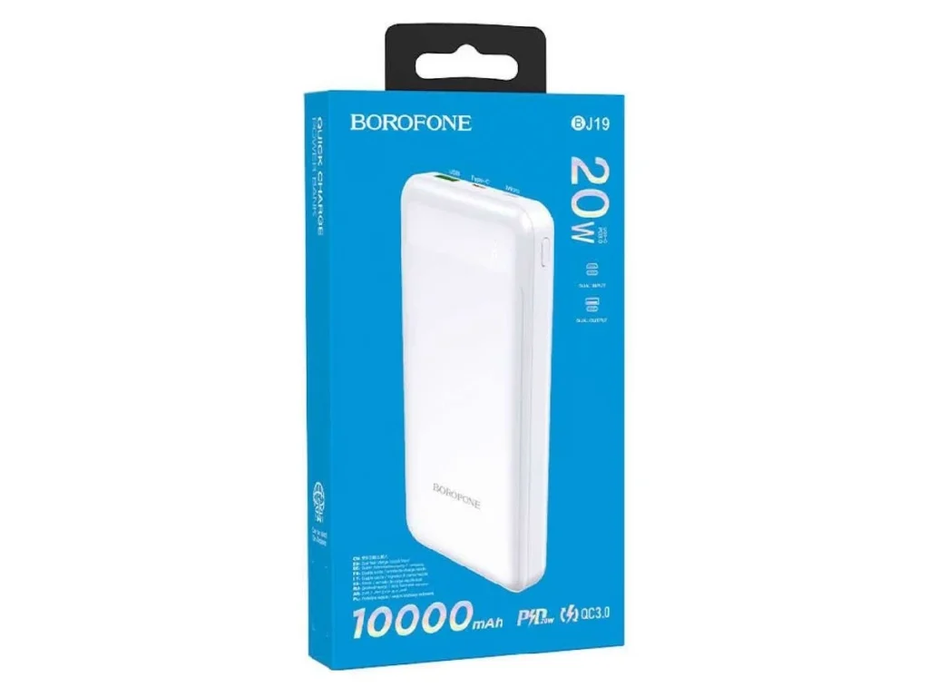 Акк.внешн. Borofone BJ19, 10000mAh, пласт, QC3.0, 1 USB выход, микро, PD20W, индикатор, 3.0A, белый