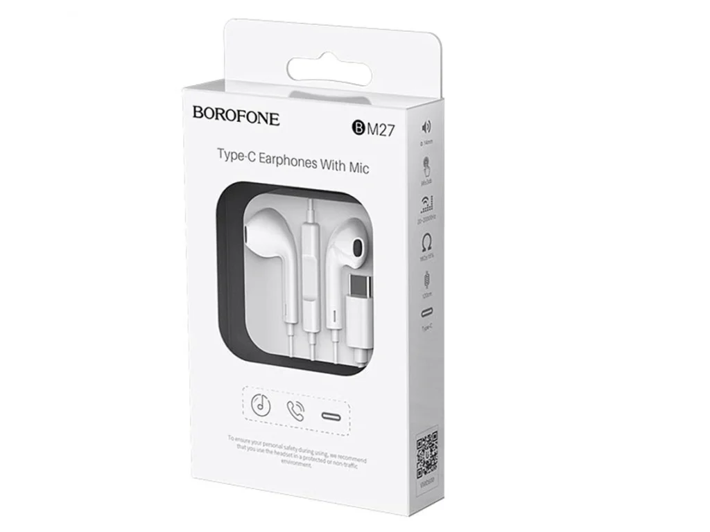 Наушники внутриканальные Borofone BM27, микрофон, кнопка ответа, рег. громкости, кабельType-C, белый