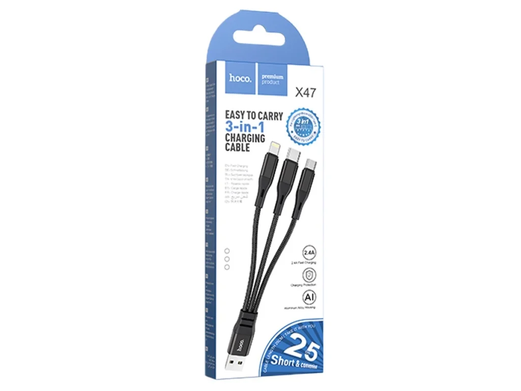 Кабель USB - 8 pin, Type-C, микро USB HOCO X47 HARBOR, 0,25м, круглый, 2.4A, ткань, алюминий, 3 в 1,