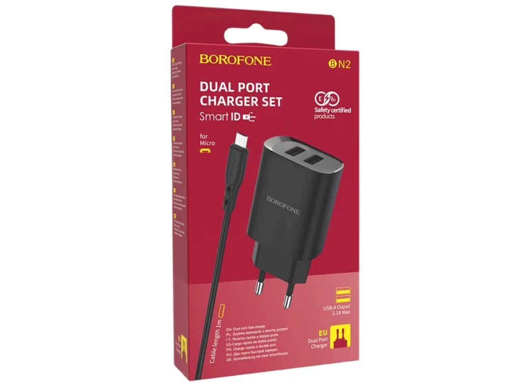 СЗУ 2 USB Borofone, BN2, 2100mA, пластик, кабель микро USB, цвет: чёрный(1/60/240)