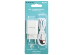 СЗУ 1 USB Borofone BA20A, Sharp, 2100mA, пластик, кабель Type-C, цвет: белый (1/48/192)