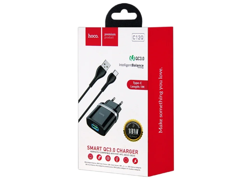 СЗУ 1 USB HOCO C12Q, 3000mA, пластик, QC3.0, кабель Type-C, цвет: чёрный (1/10/100