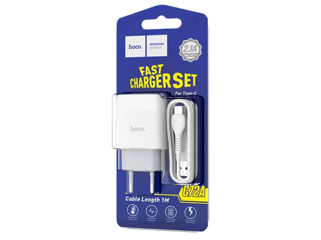 СЗУ 1 USB HOCO C72A, Glorious, 2100mA, пластик, кабель Type-C, цвет: белый (1/30/180)