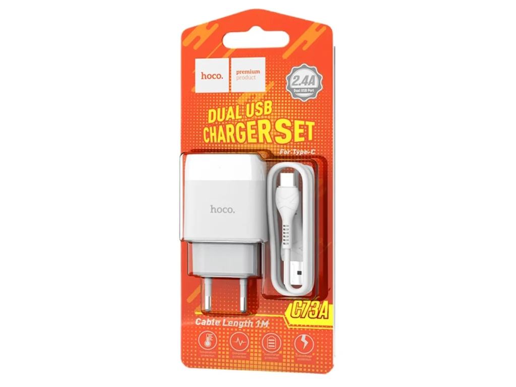 СЗУ 2 USB HOCO C73A, Glorious, 2400mA, пластик, кабель Type-C, цвет: белый(1/30/180)