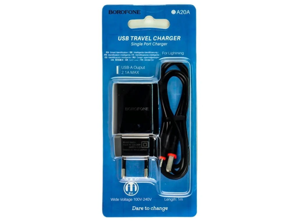 СЗУ 1 USB Borofone BA20A, Sharp, 2100mA, пластик, кабель 8 pin, цвет: черный (1/48/192)