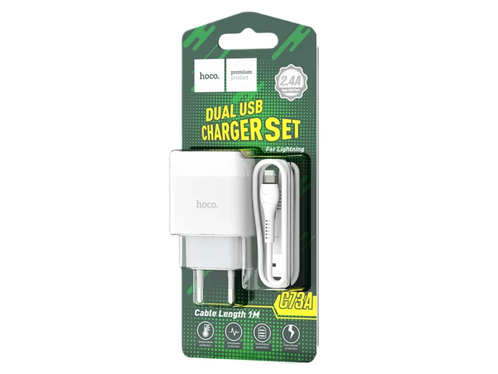 СЗУ 2 USB HOCO C73A, Glorious, 2400mA, пластик, кабель Apple 8 pin, цвет: белый(1/30/180)