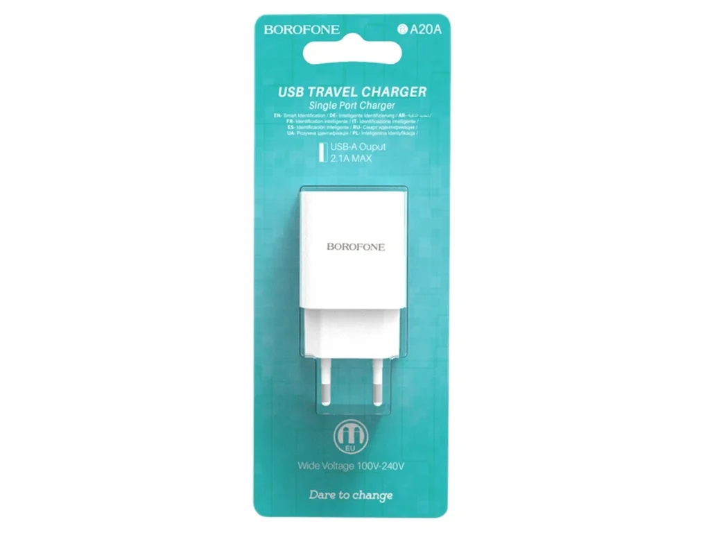 Блок питания сетевой 1 USB Borofone BA20A, Sharp, 2100mA, пластик, цвет: белый (1/65/260)