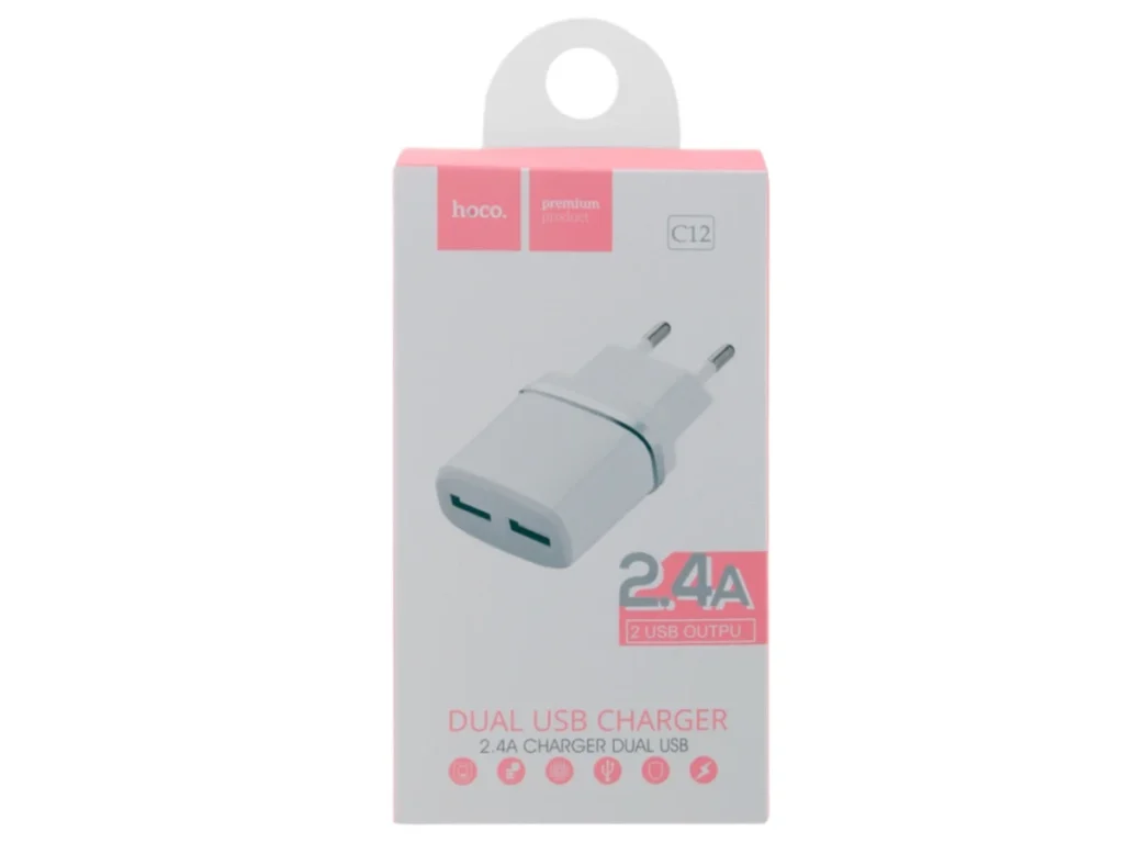 Блок питания сетевой 2 USB HOCO C12 2400mA, пластик, цвет: белый (1/10/100)