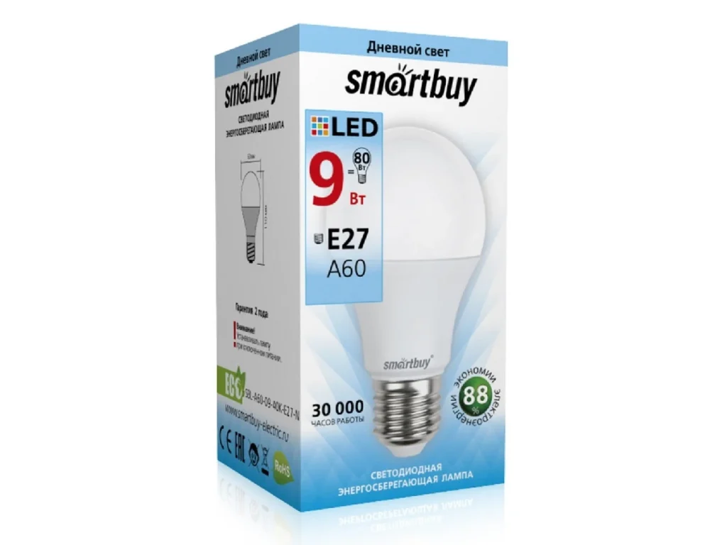 Лампа светодиодная SMARTBUY A60 9Вт 220V 4000K E27 (нейтральный свет) (1/10/100)
