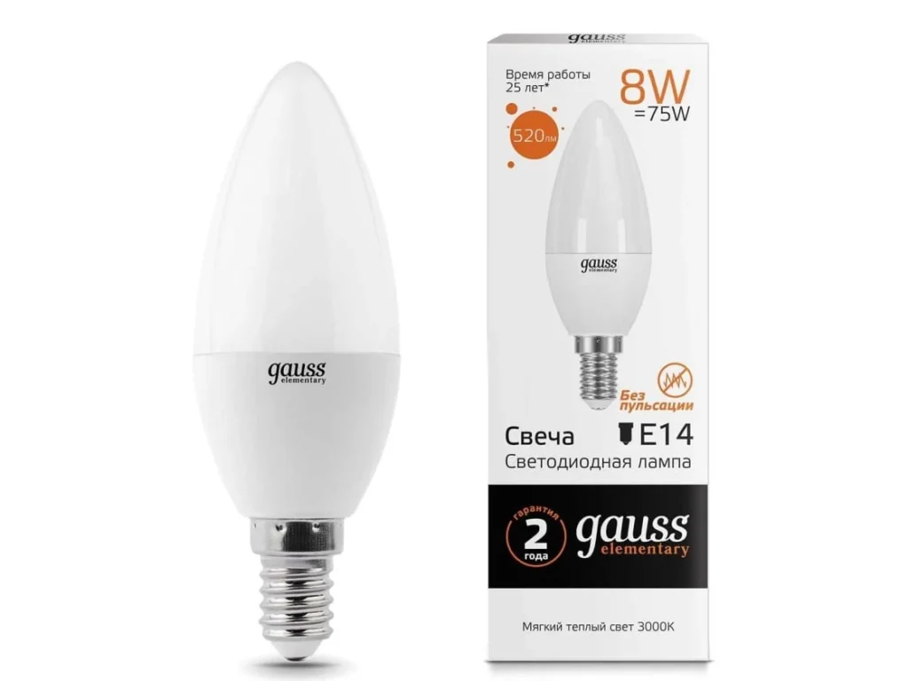 Лампа светодиодная GAUSS Elementary Candle 8W E14 3000K 1/10/100