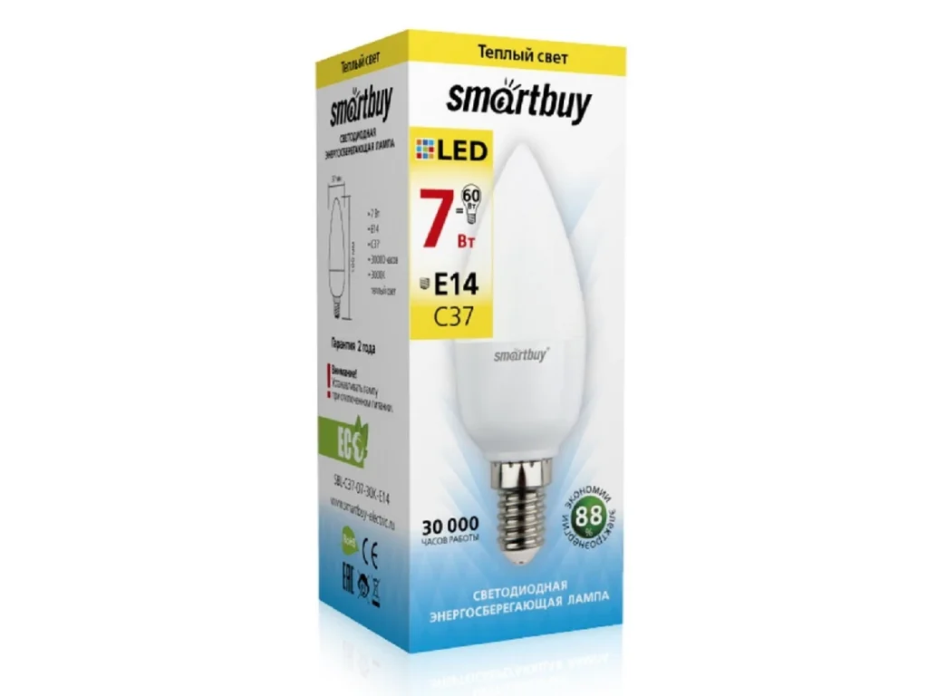 Лампа светодиодная SMARTBUY C37 7Вт 220V 3000K E14 (свеча, теплый свет) (1/10/50)