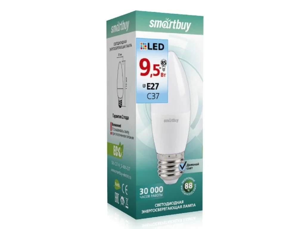 Лампа светодиодная SMARTBUY C37 9,5Вт 4000K E27 (свеча, нейтральный свет)