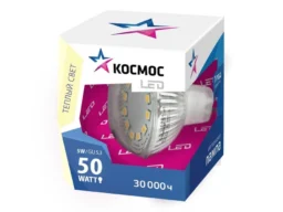 Лампа светодиодная КОСМОС JCDR 5W 220V 3000K GU5.3 (MR16) (рефлекторная, теплый свет) (1/10/80)