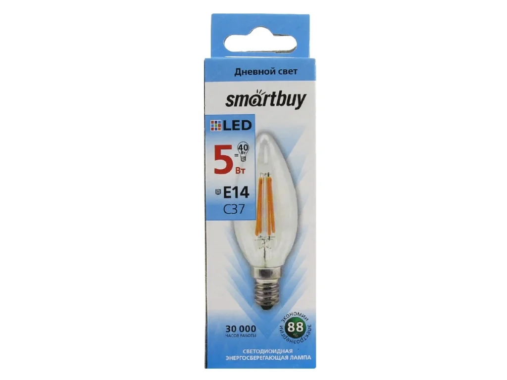 Лампа светодиодная SMARTBUY филамент C37 5Вт 220V 4000K E14 (свеча, нейтральный свет) (1/10/50)