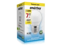 Лампа светодиодная SMARTBUY G45 7Вт 220V 3000K E27 (глоб, теплый свет) (1/10/50)