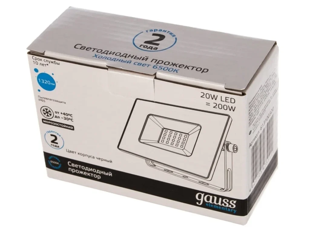 Прожектор светодиодный GAUSS Elementary 20W 1750lm IP65 6500К, холодный свет, черный 1/60
