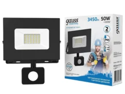 Прожектор светодиодный GAUSS Elementary 50W 3500lm IP65 6500К, холодный свет, с датчиком движения 1/