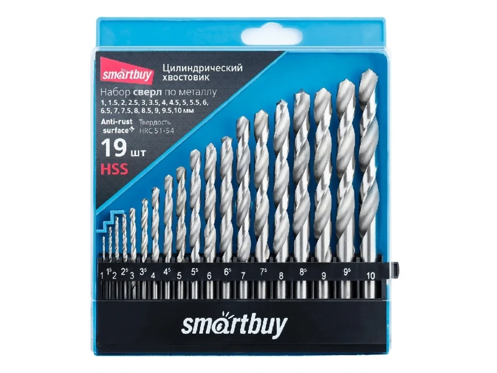 Набор SMARTBUY 19 сверл по металлу, D от 1 до 10 мм с шагом 0.5 мм, до HRC62, кейс tools (1/30)