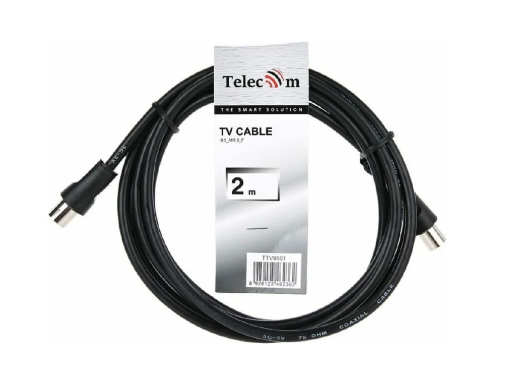 Кабель удлинительный антенный TELECOM 9.5mm, 75Ом,ТВ-М-->ТВ-F, 2 м. (1/300)
