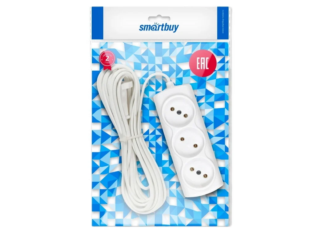 Удлинитель SmartBuy 3 гнезда 5 метров 6А/1, 35кВт без заземления ШВВП 2х0, 75 (SBE-10-3-03-F)/50