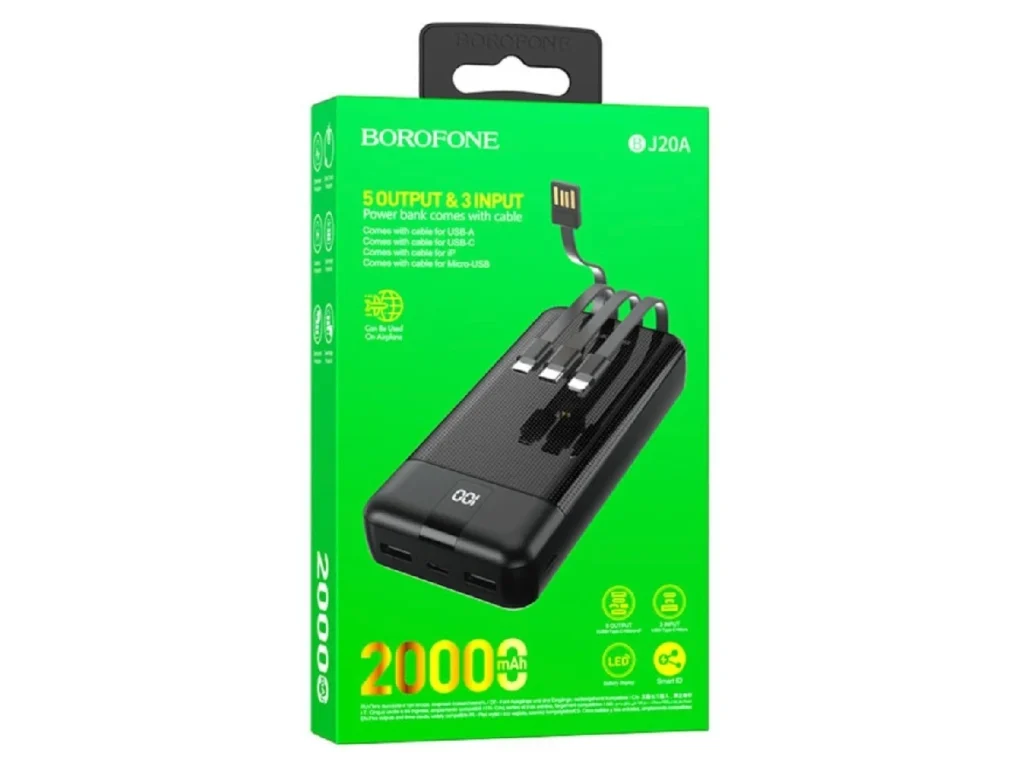 Акк.внешн. Borofone BJ20A, Mobile, 20000mAh, пласт, 1 USB выход, микро, Type-C,4кабеля, 2.0A, чёрный