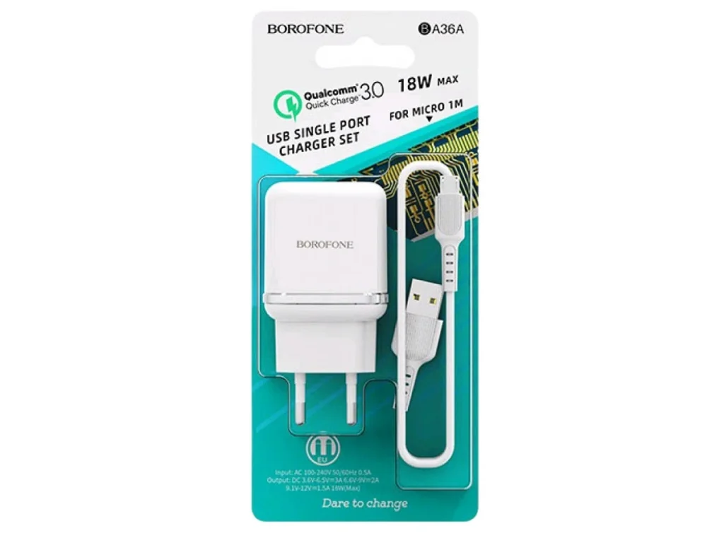 СЗУ 1 USB Borofone BA36A, Hight Speed, пластик, QC3.0, кабель микро USB, цвет: белый