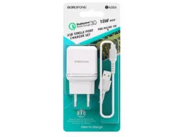 СЗУ 1 USB Borofone BA36A, Hight Speed, пластик, QC3.0, кабель микро USB, цвет: белый
