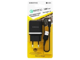 СЗУ 1 USB Borofone BA36A, Hight Speed, пластик, QC3.0, кабель микро USB, цвет: чёрный