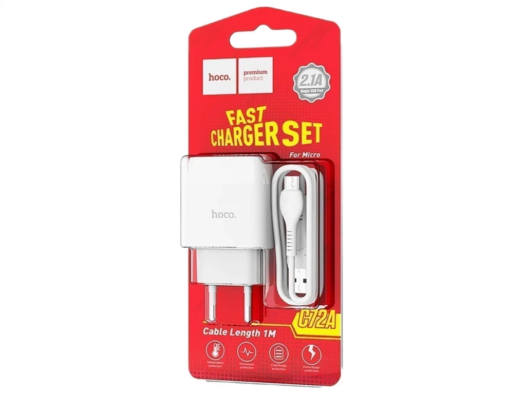 СЗУ 1 USB HOCO C72A Glorious, 2100mA, пластик, кабель микро USB, белый (1/30)