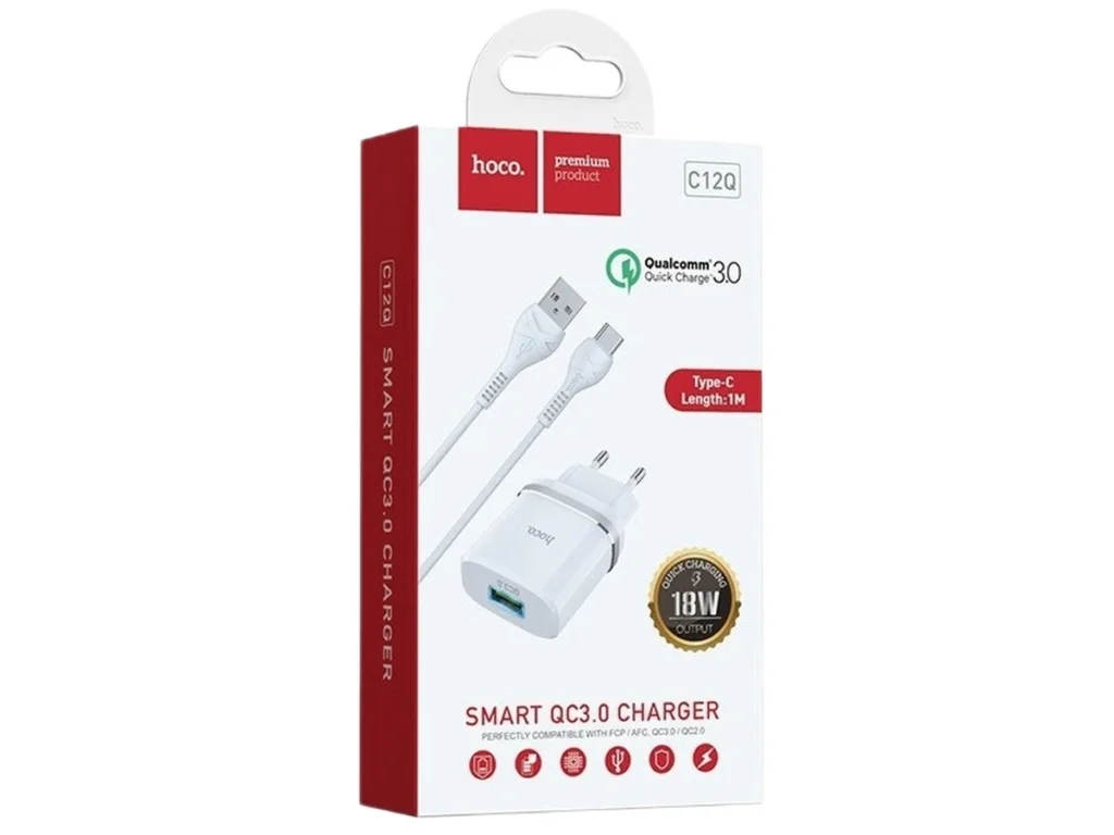 СЗУ 1 USB HOCO C12Q, 3000mA, пластик, QC3.0, кабель Type-C, цвет: белый(1/10/100)
