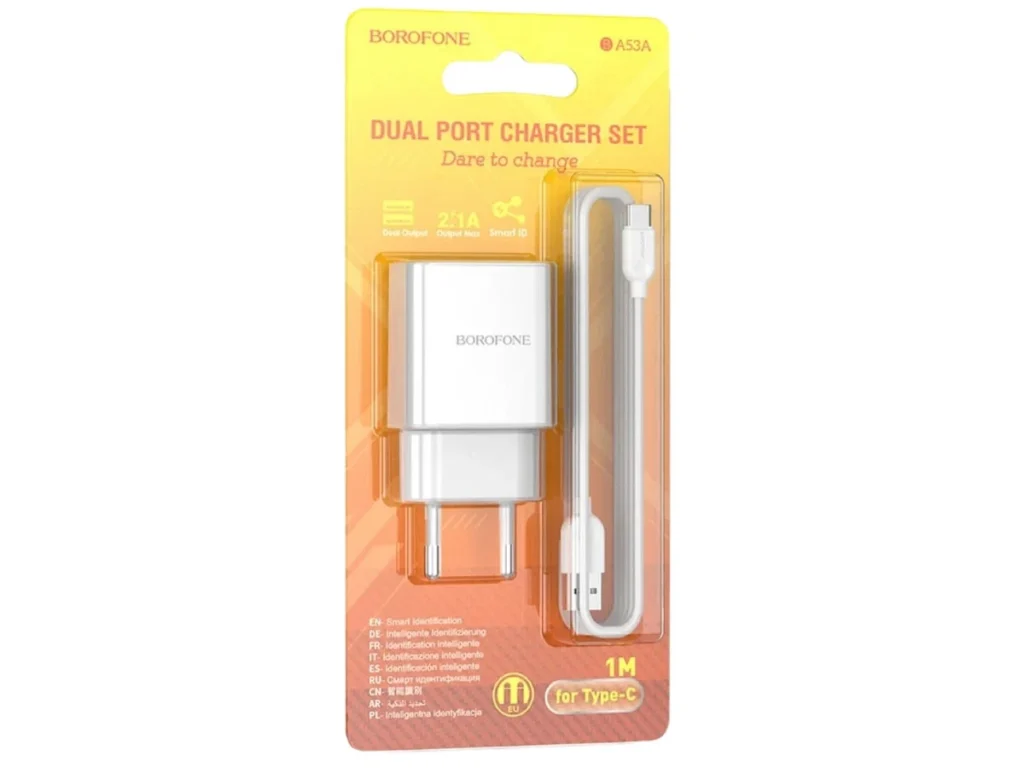 СЗУ 2 USB Borofone, BA53A, Powerway, 2100mA, пластик, кабель Type-C, цвет: белый