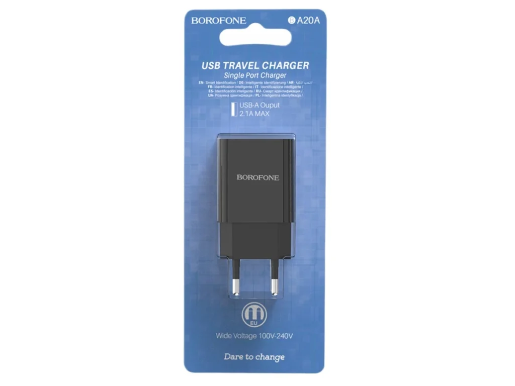 Блок питания сетевой 1 USB Borofone BA20A, Sharp, 2100mA, пластик, цвет: черный (1/65/260)