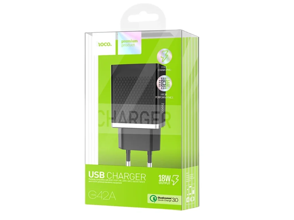 Блок питания сетевой 1 USB HOCO C42A, Vast, 2400mAh, пластик, QC3.0, цвет: чёрный (1/21/126)
