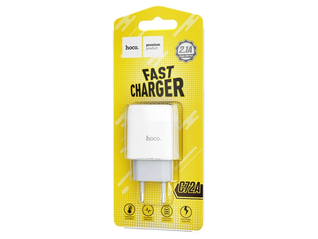 Блок питания сетевой 1 USB HOCO C72A, Glorious, 2100mA, пластик, цвет: белый(1/36/216)
