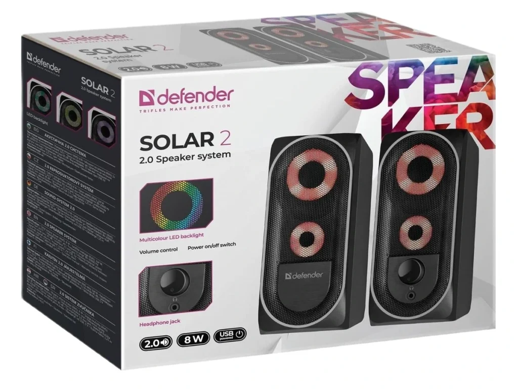 Акустическая 2.0 система Defender Solar 2 8Вт, подсветка, питание от USB
