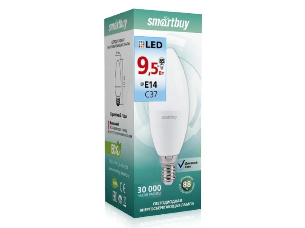 Лампа светодиодная SMARTBUY C37 9,5Вт 4000K E14 (свеча, нейтральный свет)