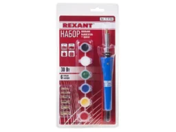 Выжигатель REXANT (набор паяльник-выжигатель), 7 насадок, подставка, кисточка, краски 230 В/30 Вт (1