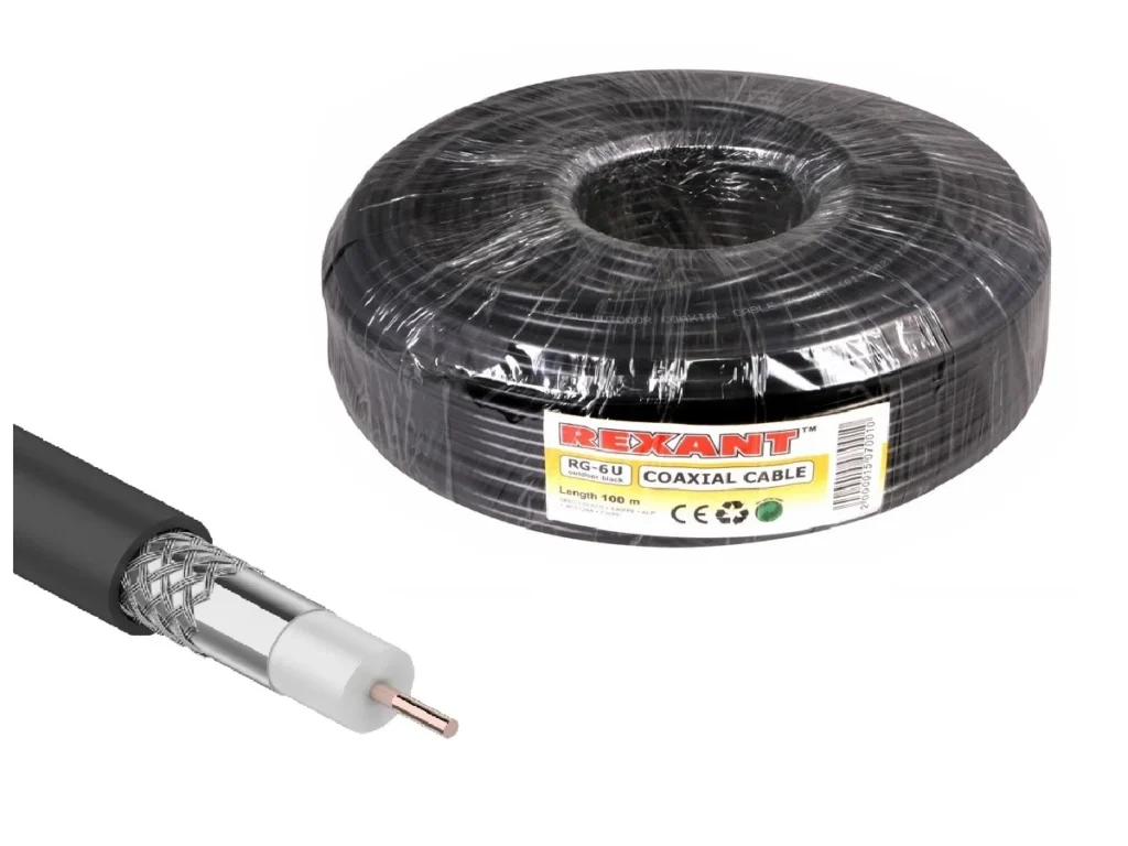 Кабель коаксиальный REXANT RG-6U, 75 Ом, CCS/Al/Al, 64%, бухта 100 м, черный OUTDOOR (1/6)