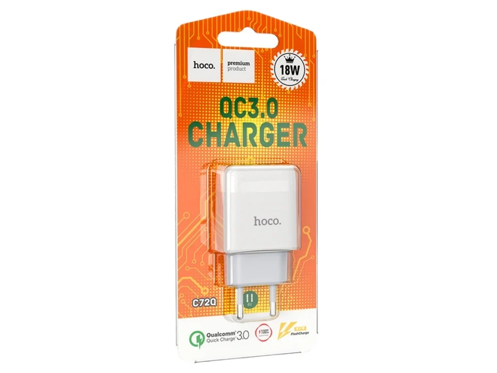 Блок питания сетевой 1 USB HOCO C72Q, Glorious, 3A, пластик, QC3.0, цвет: белый