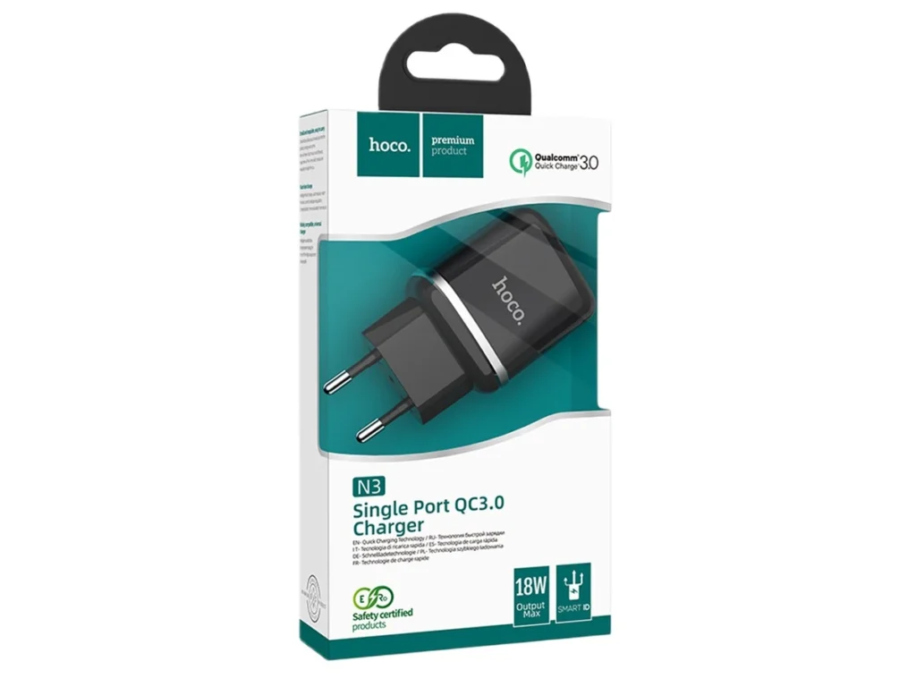 Блок питания сетевой 1 USB HOCO N3, Special single, 3000mA, пластик, огнестойкий, QC3.0, чёрный