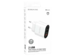Блок питания сетевой 2 USB Borofone BA63A, Richy, 2400mA, пластик, дисплей, цвет: белый (1/210)