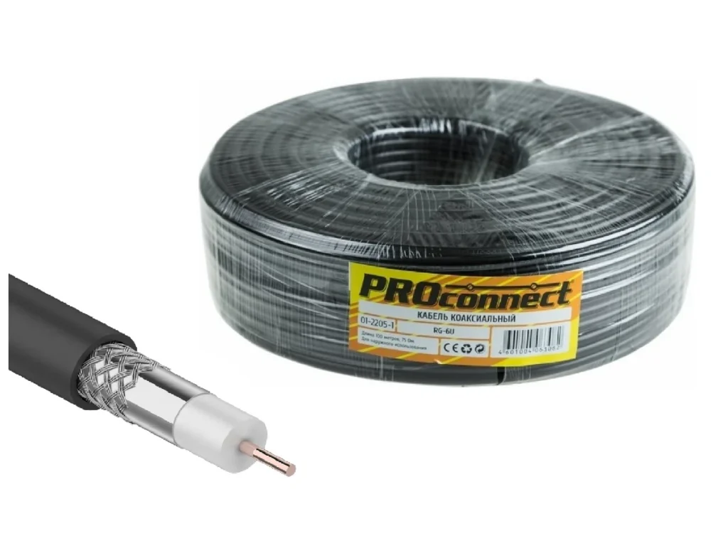 Кабель коаксиальный PROconnect RG-6U, 75 Ом, CCS/Al/Al, 48%, бухта 100 м, белый (1/6)
