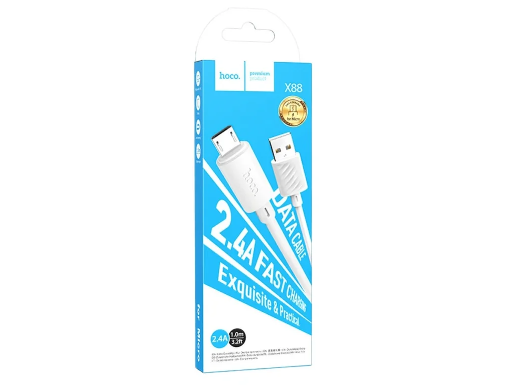 Кабель USB - микро USB HOCO X88 Gratified, 1.0м, круглый, 2.4A, силикон, цвет: белый (1/33)