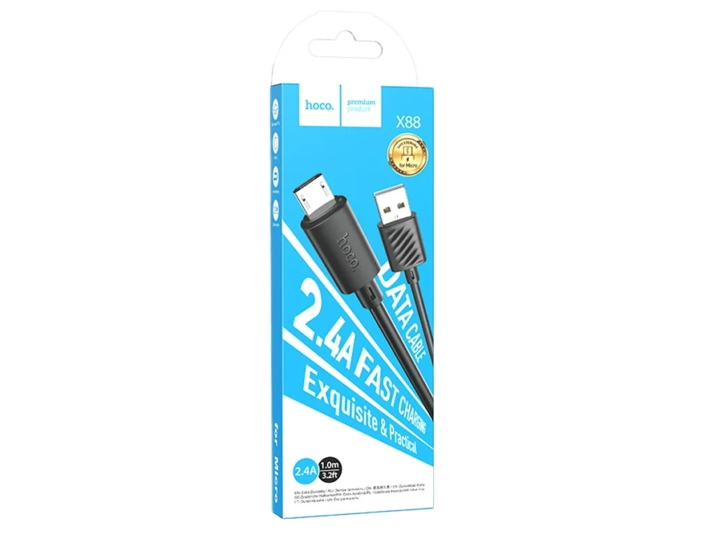 Кабель USB - микро USB HOCO X88 Gratified, 1.0м, круглый, 2.4A, силикон, цвет: чёрный (1/33)