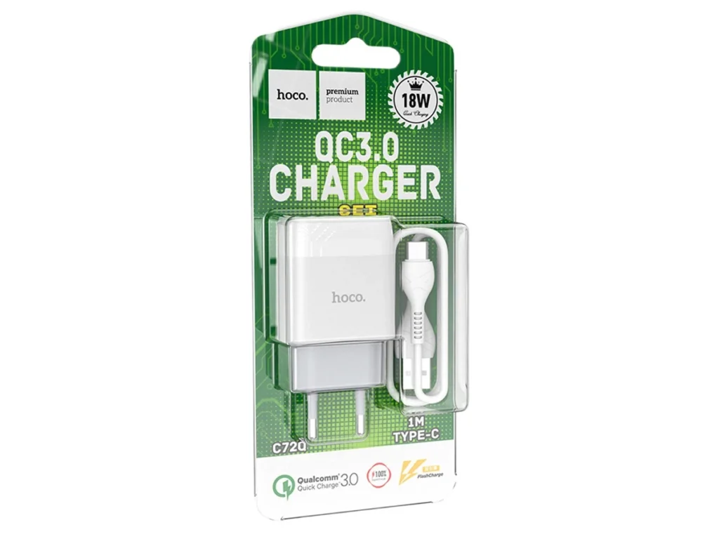 СЗУ 1 USB HOCO C72Q, Glorious, 3A, пластик, QC3.0, кабель Type-C, цвет: белый(1/30/180)