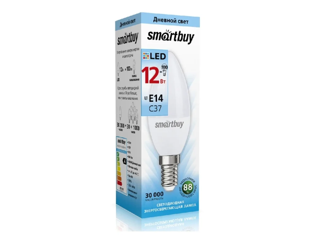 Лампа светодиодная SMARTBUY C37 12Вт 4000K E14 (нейтральный свет) (1/10/100)