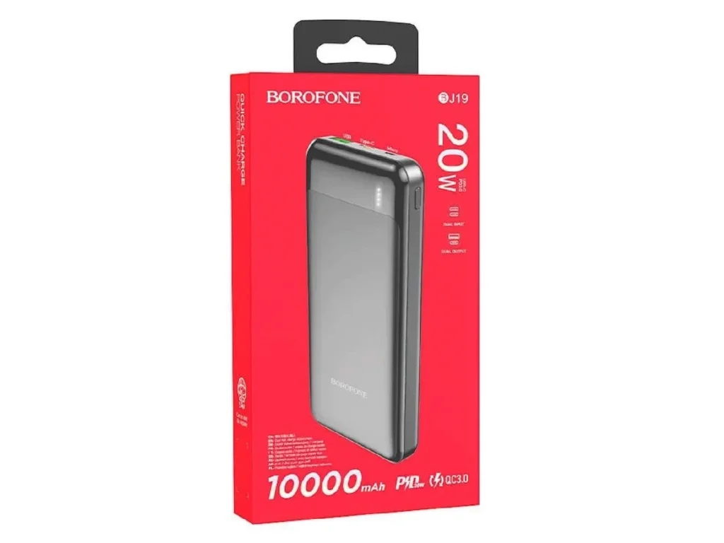 Акк.внешн. Borofone BJ19, 10000mAh, пласт, QC3.0, 1 USB выход, микро, PD20W, индикатор, 3.0A, чёрный