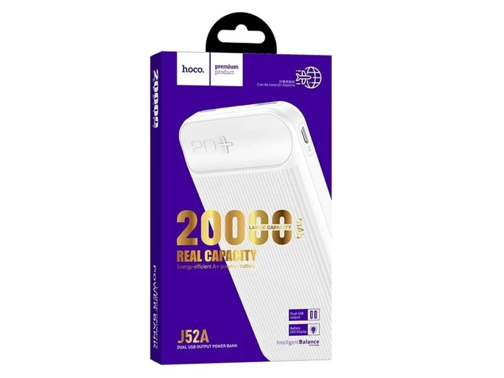 Акк.внешн. HOCO J52A, 20000mAh, 2 USB выхода, Micro-USB вход, LED индикатор, белый
