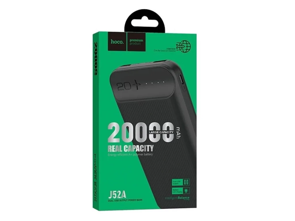 Акк.внешн. HOCO J52A, 20000mAh, 2 USB выхода, Micro-USB вход, LED индикатор, чёрный