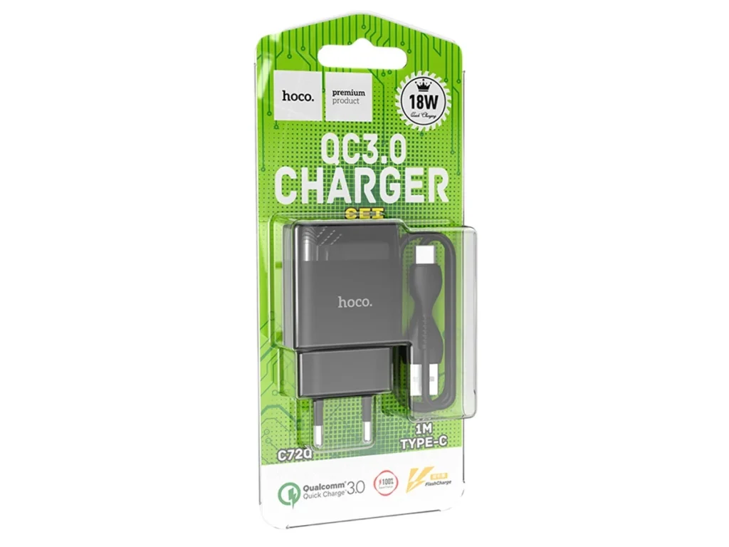 СЗУ 1 USB HOCO C72Q, Glorious, 2400mA, пластик, QC3.0, кабель Type-C, цвет: чёрный (1/30/180)